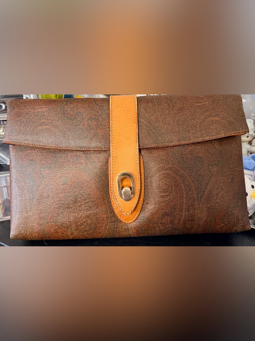 Vintage Etro Brown Paisley Leather Envelope Clutch with Tan Strap with COA B54